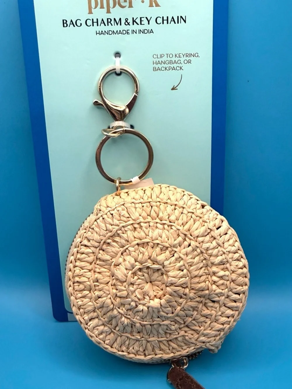 Piper K Beaded Straw Seashell Key Chain in Natural and Gold